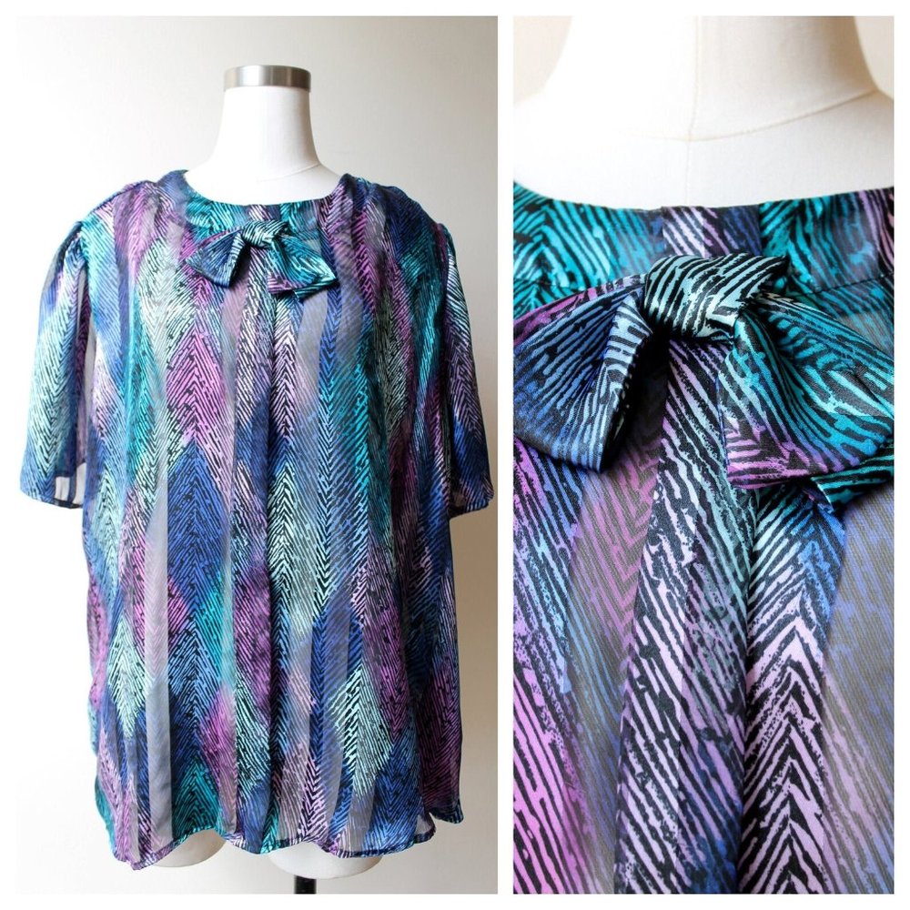 1980s Vintage Purple Blue & Black Chevron Sheer Stripe Short Sleeve Bow Blouse